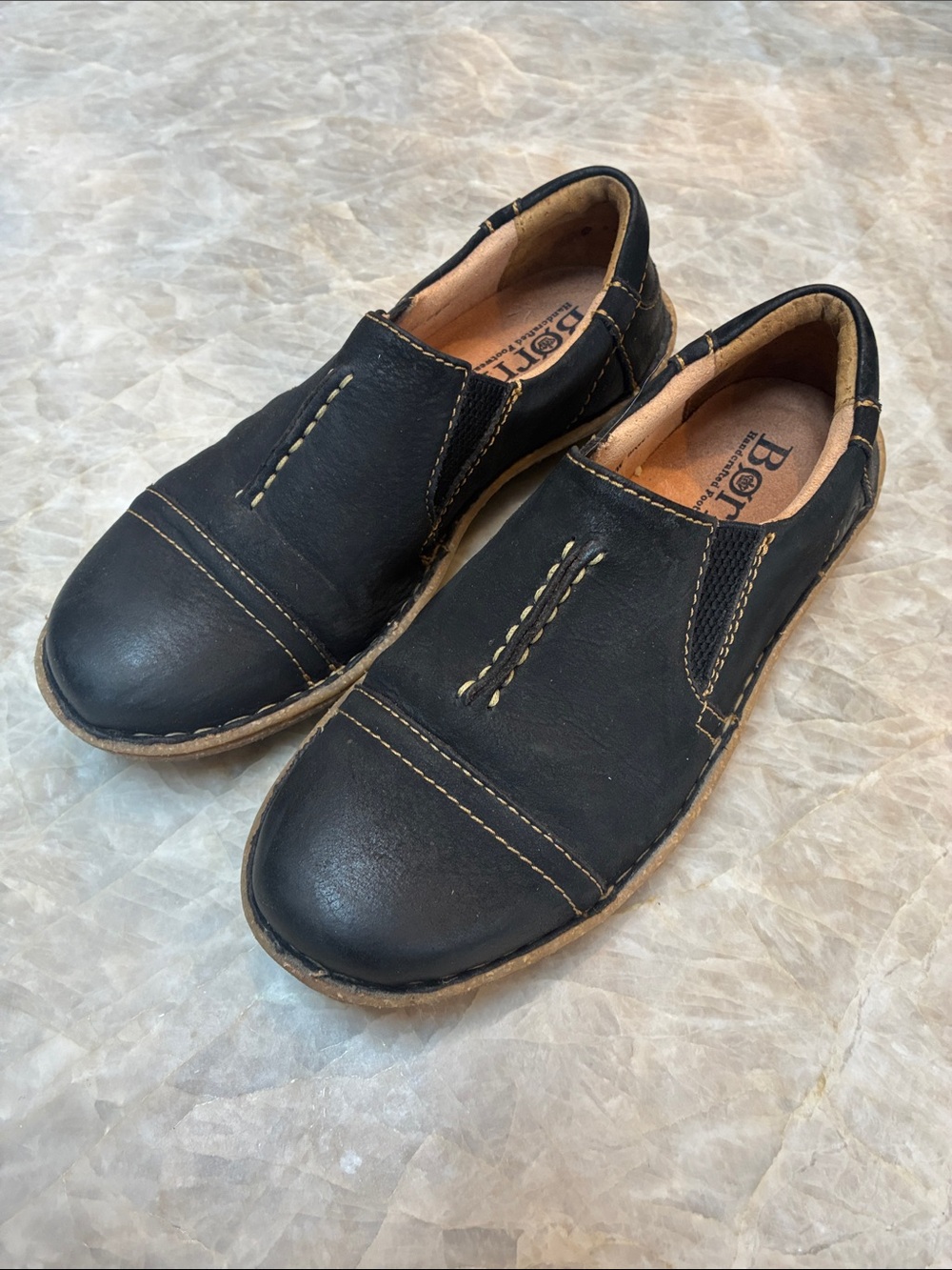 Born Black Leather Slip-On Loafer with Contrast Stitching